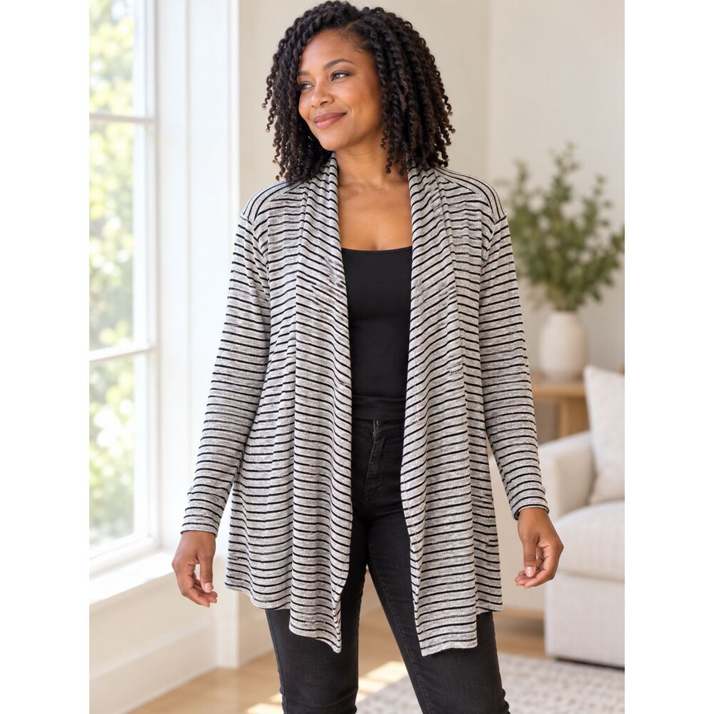 Chico's Zenergy Black and Gray Striped Cardigan